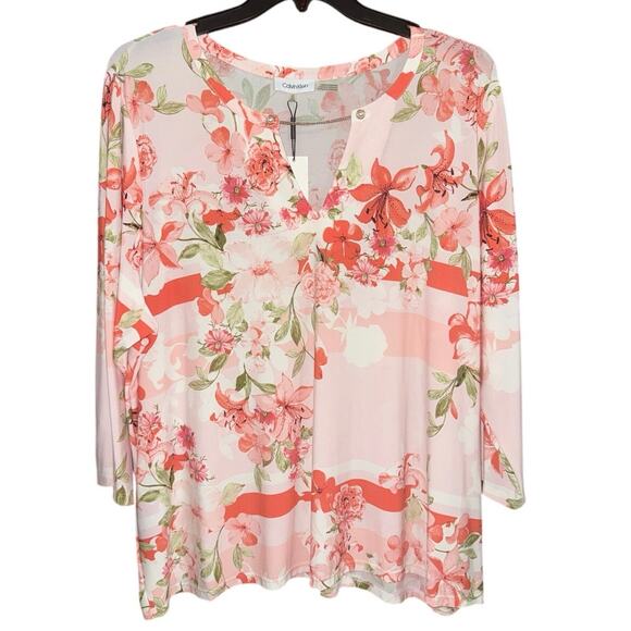 NWT Womens CALVIN KLEIN Floral GOLD TONE BAR Accent Stretch Knit Blouse Top 3X - Picture 1 of 4